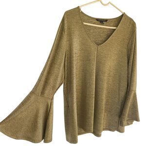 ZAC & RACHEL Gold Metallic V Neck Bell Sleeve Knit Top Size XL In EXCELLENT COND
